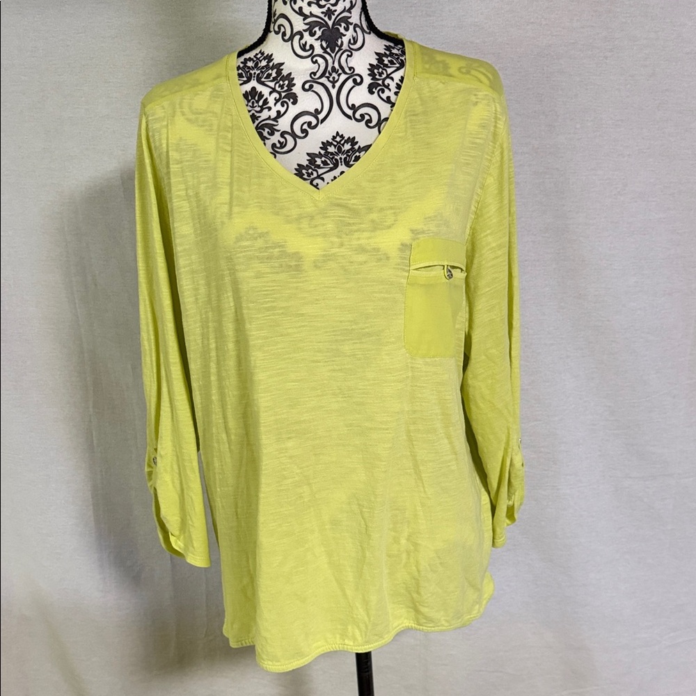 Chico's Lime V-Neck Tunic with Pocket and Sheer details cotton and modal blend